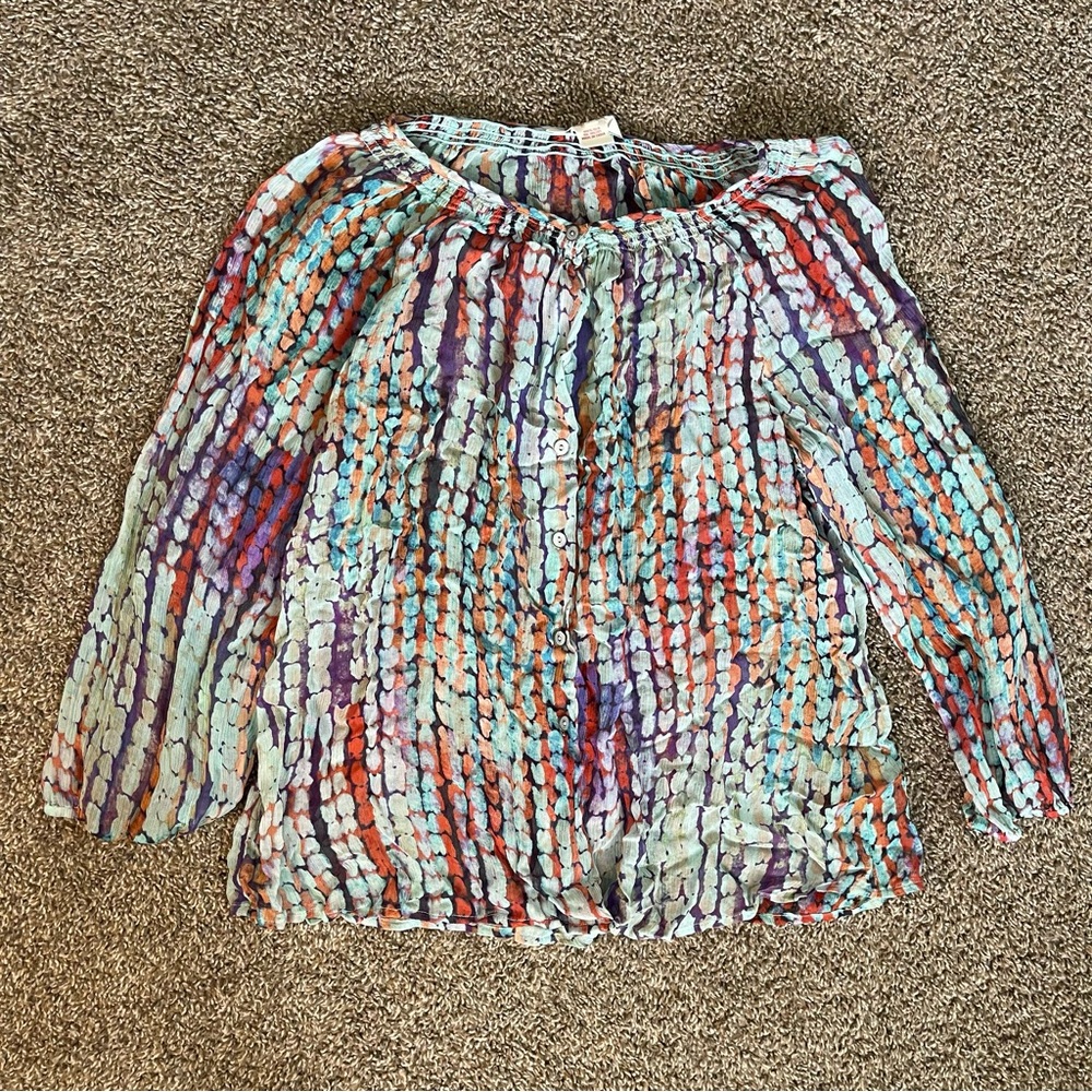 Sundance Blouse Semi-Sheer Colorful Button Down 100% Silk Women’s Size Large